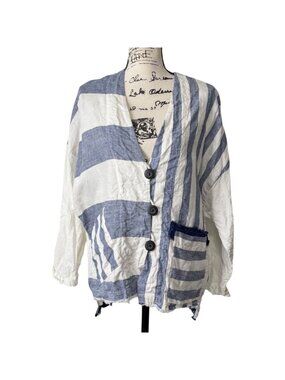 Mara Gibbucci Women Sz M Button-Up Top Jacket Linen Stripe Patchwork Blue White